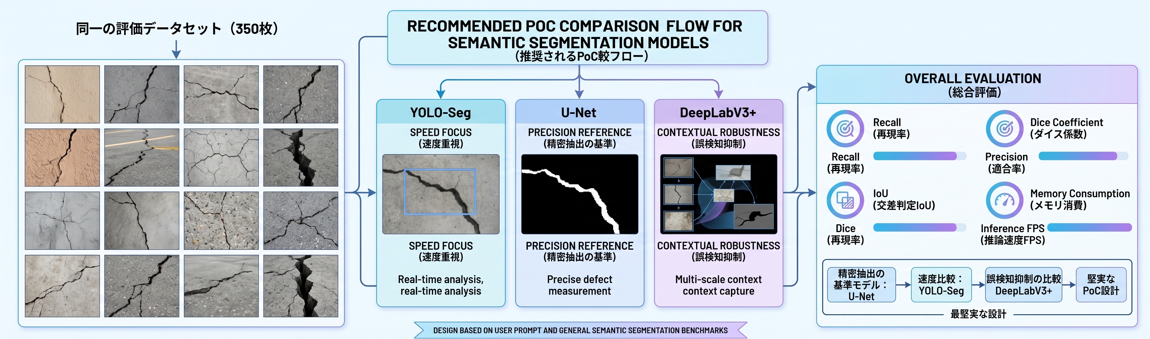 推奨されるPoC比較フロー（YOLO-Seg / U-Net / DeepLabV3+）